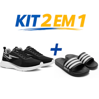 Tenis Masculino Esportivo Academia Caminhada + Chinelo Sandalia Slide Resistente Macio Leve Confortavel