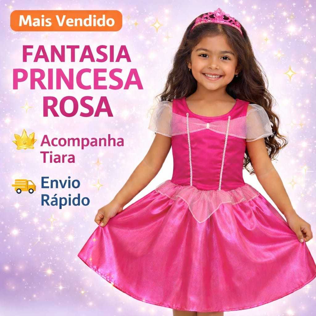 Fantasia Princesa Rosa Infantil com Tiara| Vestido Princesa Menina ...
