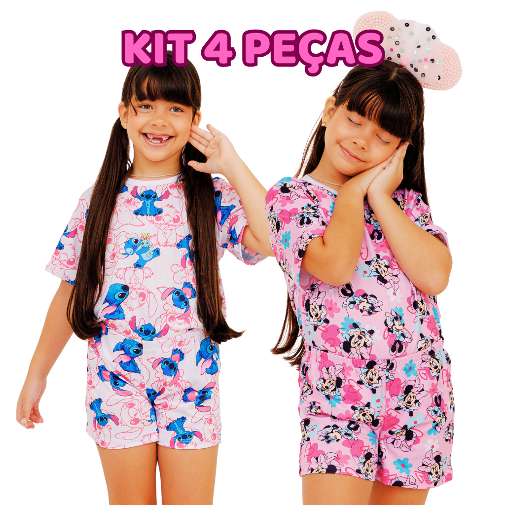 Kit Sortido 4 peças pijama infantil menina pijama feminino estampado blusa e Short Entrega Rápida em Oferta na Shopee