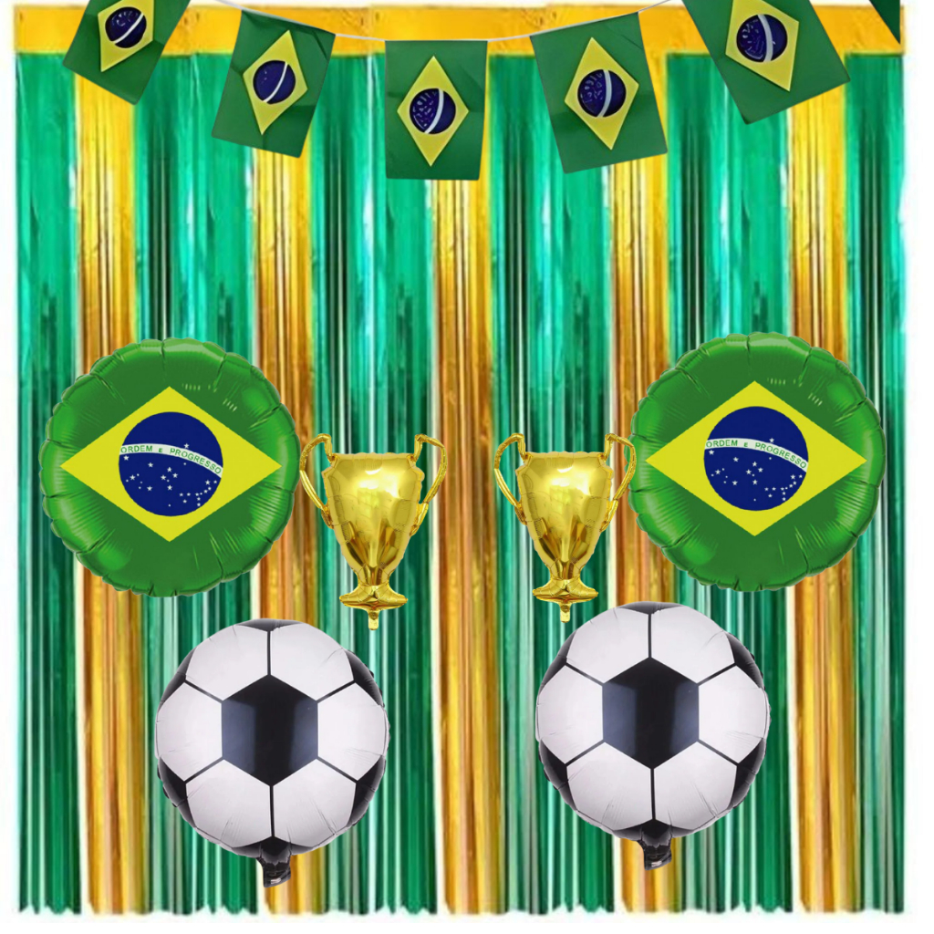 Kit Decoração Copa do Mundo 2026 - 2 Cortinas Metalizada 2 Balões Bola 2 Taças 2