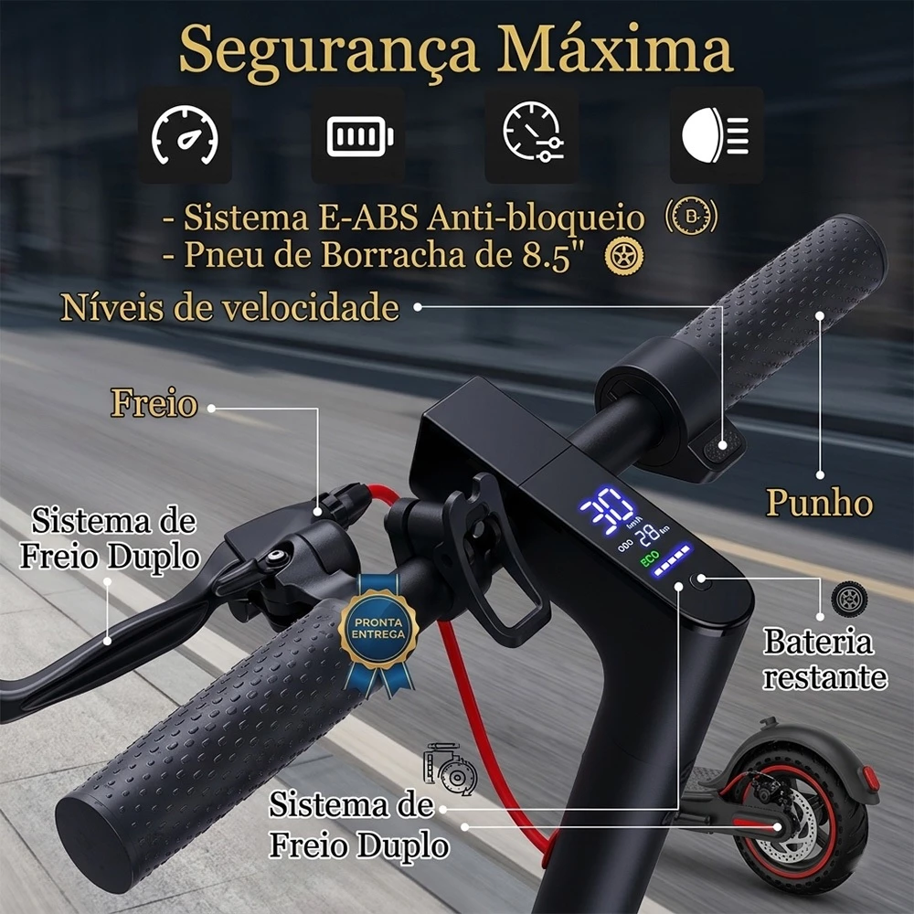 Detalhe do guidão do patinete elétrico Auxom Pro preto, exibindo o display digital com velocidade, bateria e modo ECO, e o sistema de freio duplo.