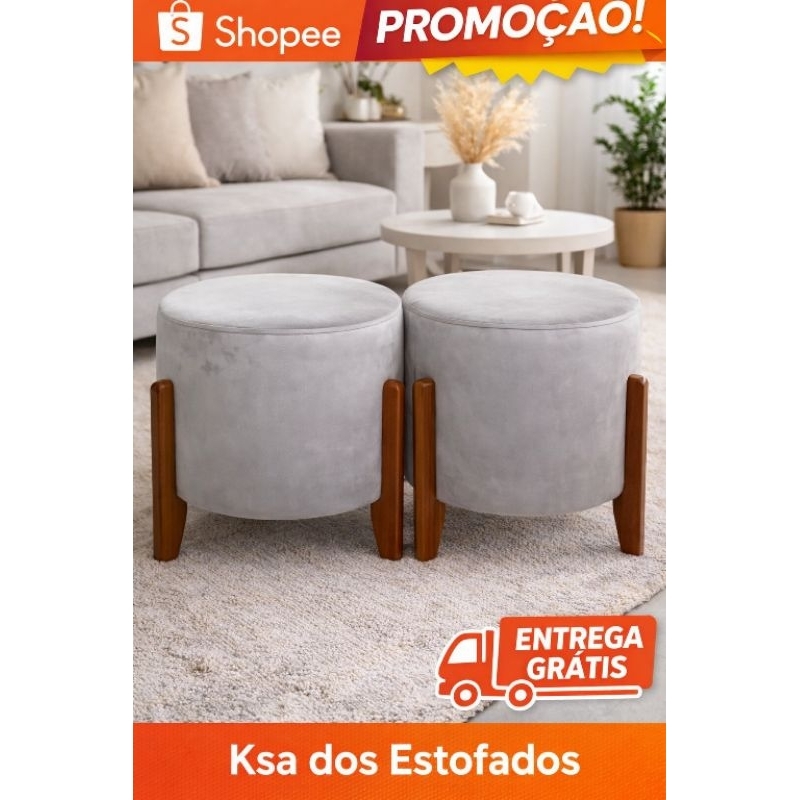 Kit 2 Puffs Decorativos Redondo Acento Extra com Pés em Madeira Suede