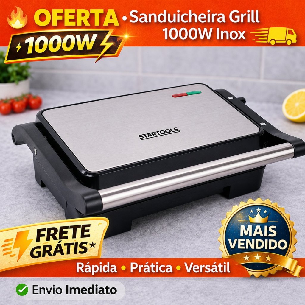 Sanduicheira Grill Elétrica 1000W Inox Antiaderente | 127V/2