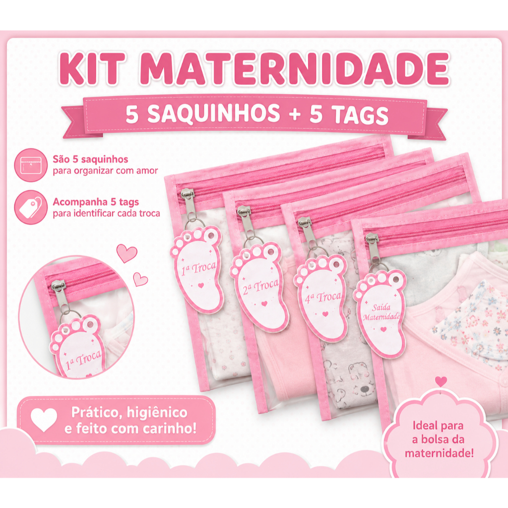 Kit 5/10 Saquinhos Maternidade Organizador Mala Bebê + 5 Tag de Identificação de Trocas