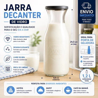 Jarra de Vidro Elegante Decanter 1.2l com Tampa Porta Geladeira Mesa e Geladeira Estilo Praticidade