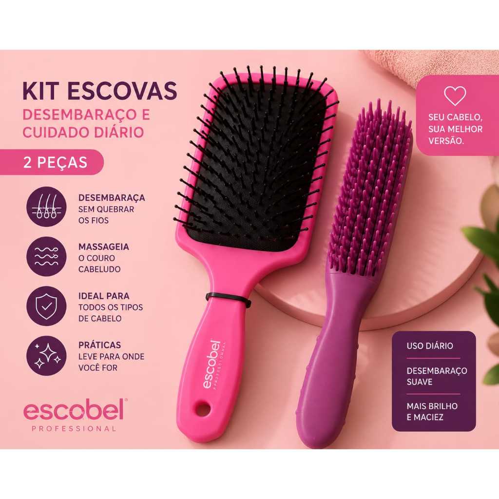 Kit Escova de Cabelo Polvo + Raquete para Definir e Desembaraçar sem quebrar