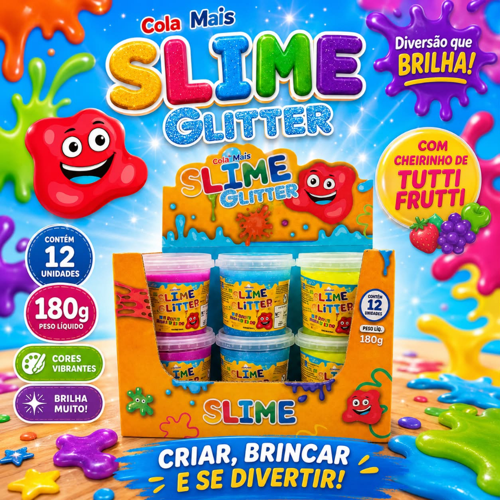 Slime Glitter Cola Mais 12 Unidades 180g Tutti Frutti, nao gruda ...