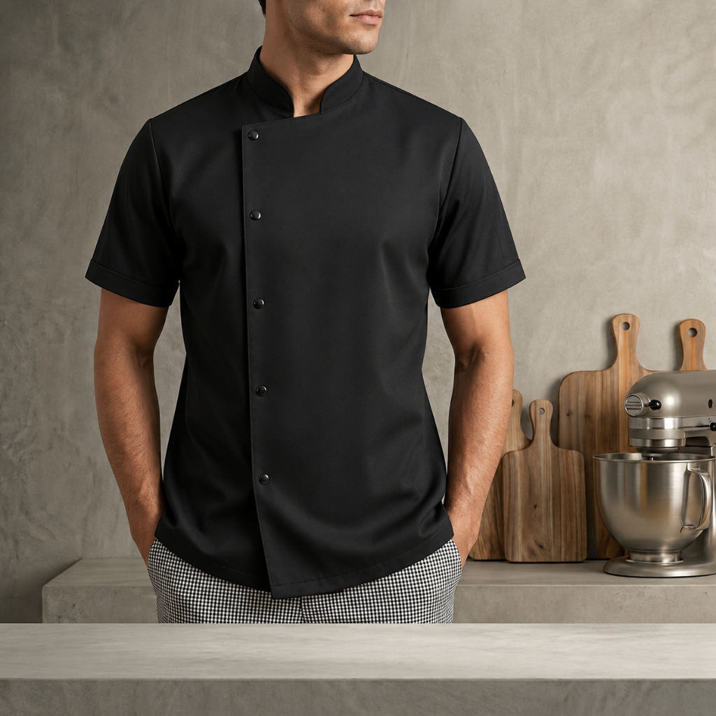 Dolmã Jaleco Chef Cozinha Gabardine Manga Curta Botão Pressã