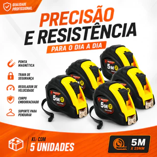 Trena De Aço Emborrachada Profissional - Com 5 Metros - Kit C/5 Unidades - Nybc