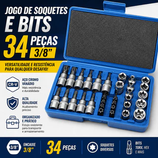 Kit 34 Peças Soquetes aço cromo vanádio Macho Femea 3/8 com Azul caixa Ferramenta Manual Segura para Perfuração