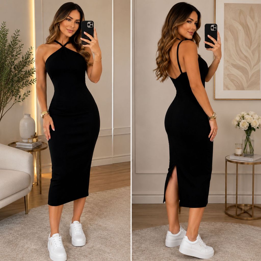 Vestido Feminino Canelado Midi Elegância e Conforto Longo Moda Gringa Costa Nua Tubinho