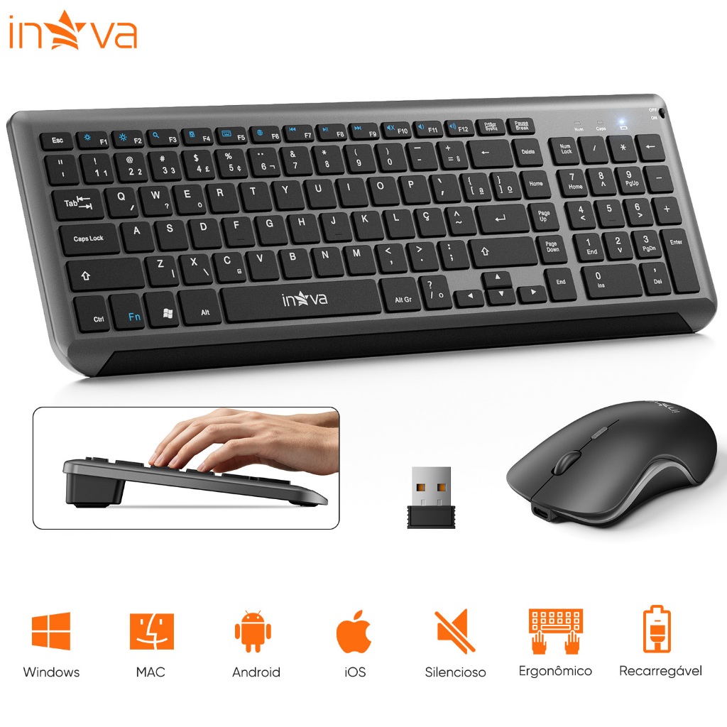 Inova Kit Teclado Mouse Sem Fio Sem Fio Recarregável Bateria