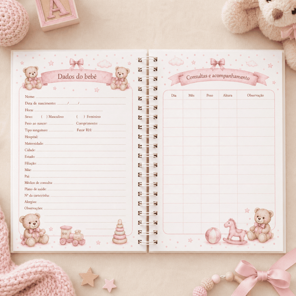 Caderneta de Vacinação do bebê Personalizada com Nome - Ursinho Rosa Menina