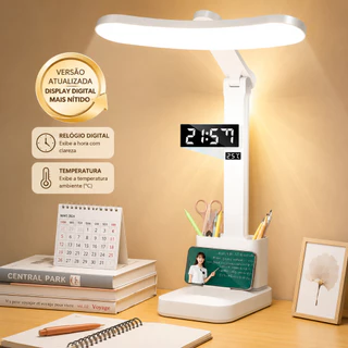 Luminária De Mesa LED Dobrável Touch Relógio com Display Digital Porta Canetas Multifuncional Recarregável