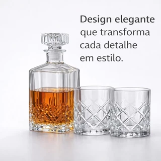 Kit Licoreira Garrafa Vidro 1L Com 2 Copos 220ml Whisky Decanter Para Bar Casa Bar Premium Uisque.