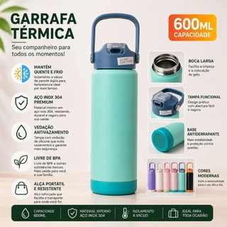 Garrafa Térmica Inox 304 600ml com Canudo e Alça Portátil Antivazamento Quente e Frio