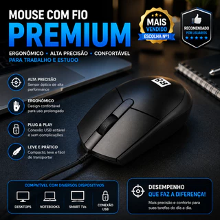 Mouse Premium Ergonômico com Fio Alta Precisão Confortável para Trabalho e Estudo