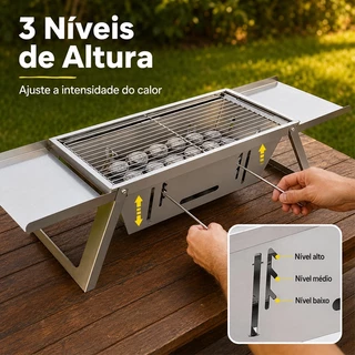 Fogareiro de Churrasco Dobrável Portátil Aço Inoxidável com Grelha - Churrasqueiras 3 vel. de fogo