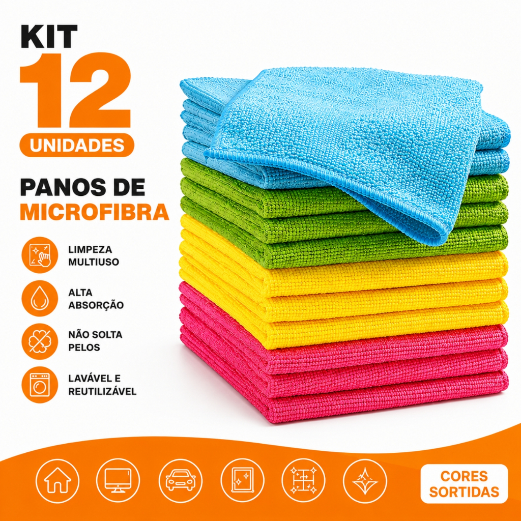 Kit 12 Panos De Limpeza Microfibra alta absorção Multiuso