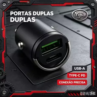 Carregador Veicular Mini Invisível 2 Portas USB A + USB C 12V/24V Alta Potência