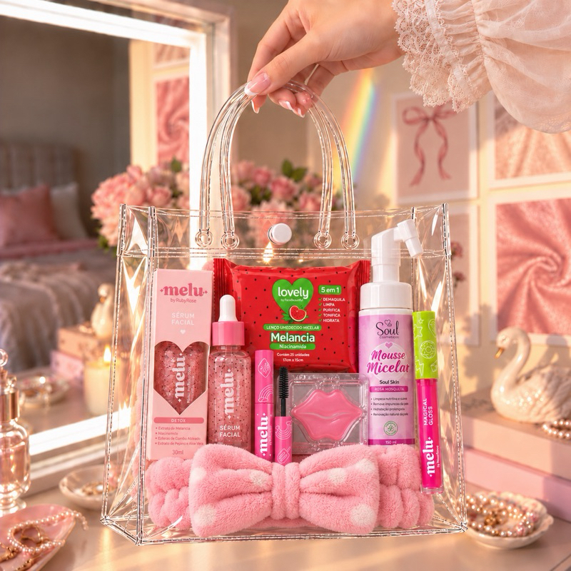 Kit Skincare Infantil Presente Sacola Transparente Completo Menina Melu Ruby Rose + Maquiagem + Presente