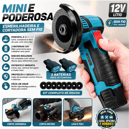 Esmerilhadeira Lixadeira Sem Fio Portátil Serra Mármore 2 Baterias 12V e Com 8 Discos