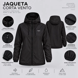 Jaqueta Corta Vento Feminina Gola Alta Repelente a Agua Capuz Forrado Ideal para dia dia do P ao G2