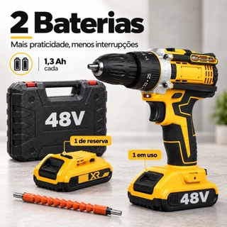 Furadeira e Parafusadeira 48V Sem Fio com 2 Baterias, Mandril 10mm, LED, Maleta e Acessórios