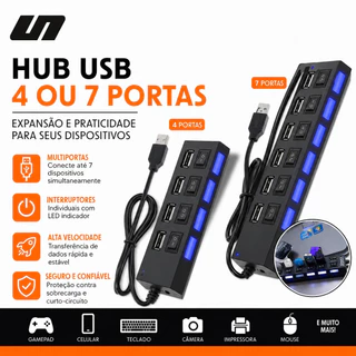 Hub USB 2.0 4/7 Portas Régua Extensão Pen Drive Teclado 480Mbps