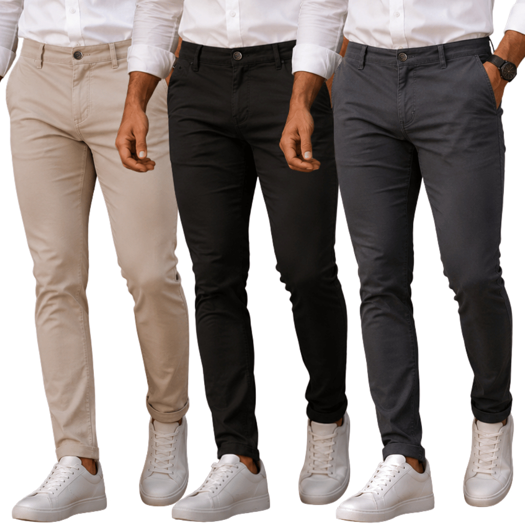 Kit 3 Calça de Sarja Masculina com Lycra Elastano Slim Alfaiataria Social Esporte Fino Bolso Embutido Faca