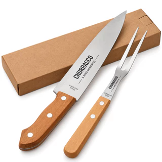 Kit Churrasco Personalizado 2 Peças Faca Garfo Inox - Cabo Madeira Presente Brinde Kraft