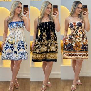 Vestido Feminino Curto Estampado Com Alça De Regulagem e Elastex