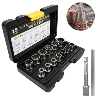 Kit 15 Peças Soquete Extrator de Porca e Parafuso Espanado Saca Parafuso Cr-Mo Encaixe 3/8 com Adaptador e Maleta
