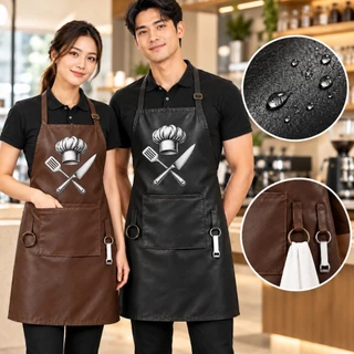 Avental de Cozinha e Churrasco em Couro Sintético Impermeavel com Estampa Master Chef Bolso Abridor e Suporte para Pano