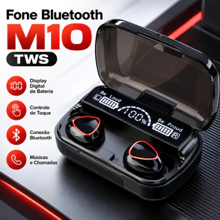 Fone de Ouvido Bluetooth M10 TWS Sem Fio com Display Digital de Bateria e Estojo Carregador Preto