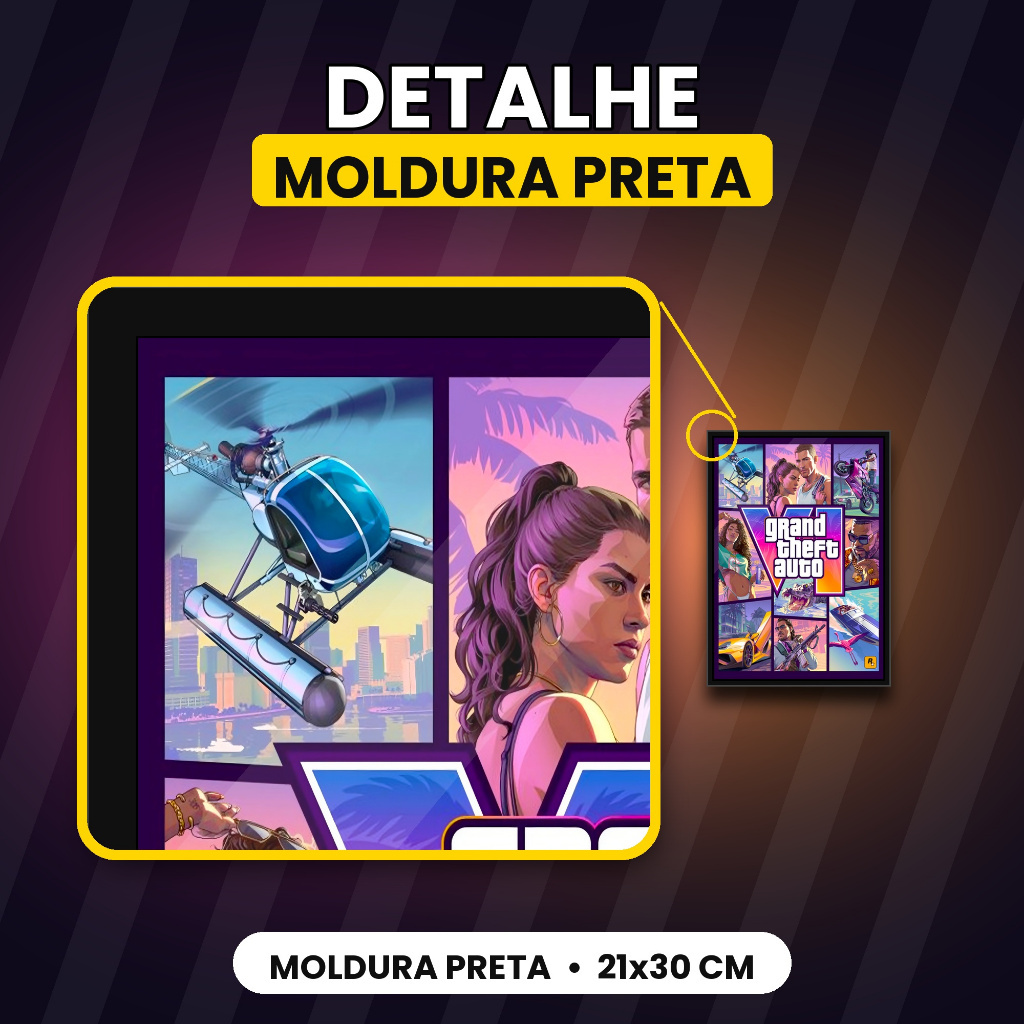 Quadro Decorativo GTA VI / GTA 6 Gamer A4 21x30cm com Moldura Preta — imagem 5