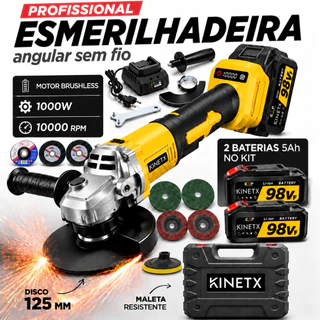 Esmerilhadeira A Bateria Brushless 1000W Sem Fio Com 2 Baterias Litio Lixadeira Corte Desbaste Maleta Discos M14 125mm