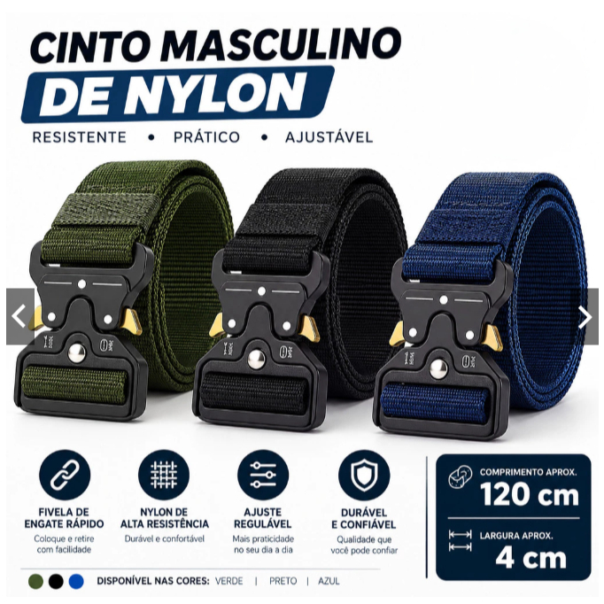 Moda Cinto Largo Masculino Nylon Fivela Liga Reforçada e Engate Rápido Resistente