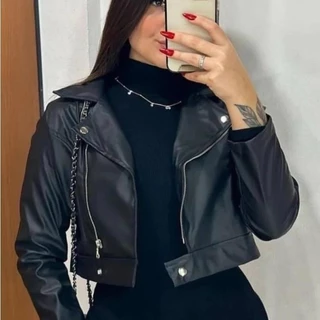 Jaqueta de Couro Feminina Com Zíper Elegante Envio Imediato
