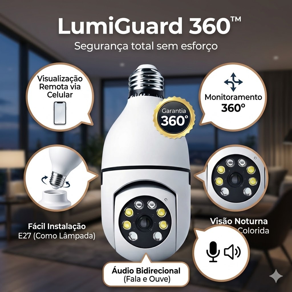 Câmera Lâmpada Wi-Fi 360° Full HD Visão Noturna Colorida PTZ LumiGuard ...