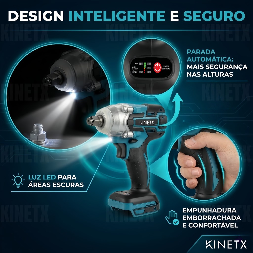 KINETX 3in1 Chave de Impacto Sem Escova 68VF 300Nm 2 Baterias 17mm