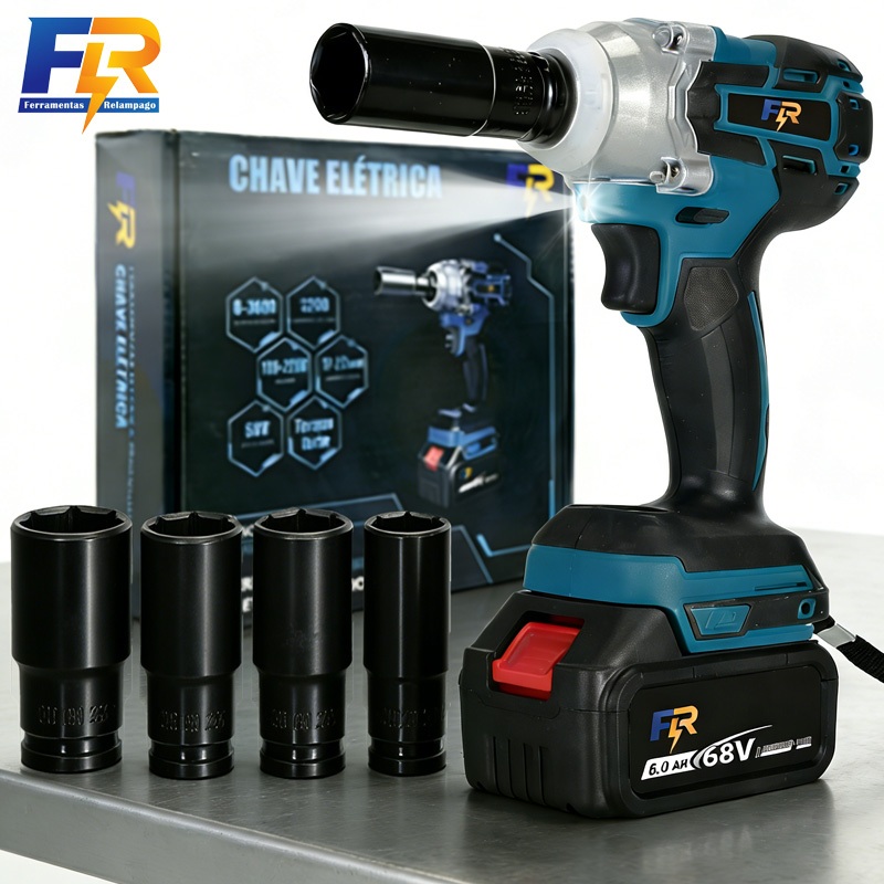 Kit Completo Acessórios p/ Chave de Impacto Elétrica Sem Fio 3 em 1 Com 68V Bateria Motor Brushless