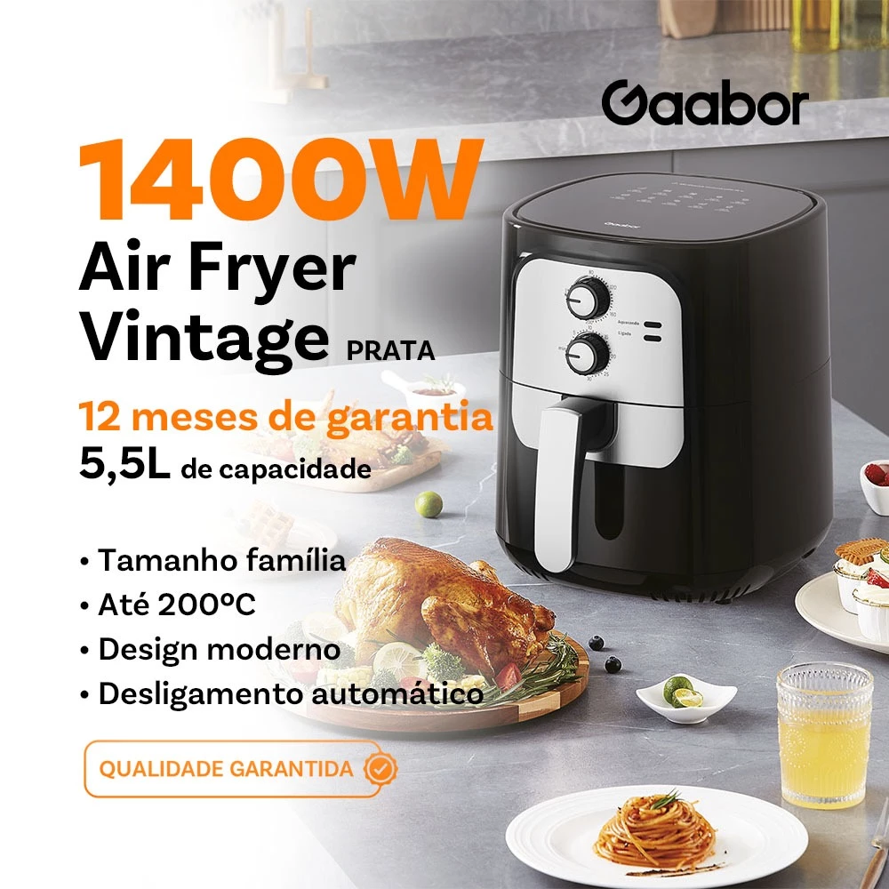Banner promocional da Air Fryer Gaabor 5.5L destacando 1400W de potência e 12 meses de garantia