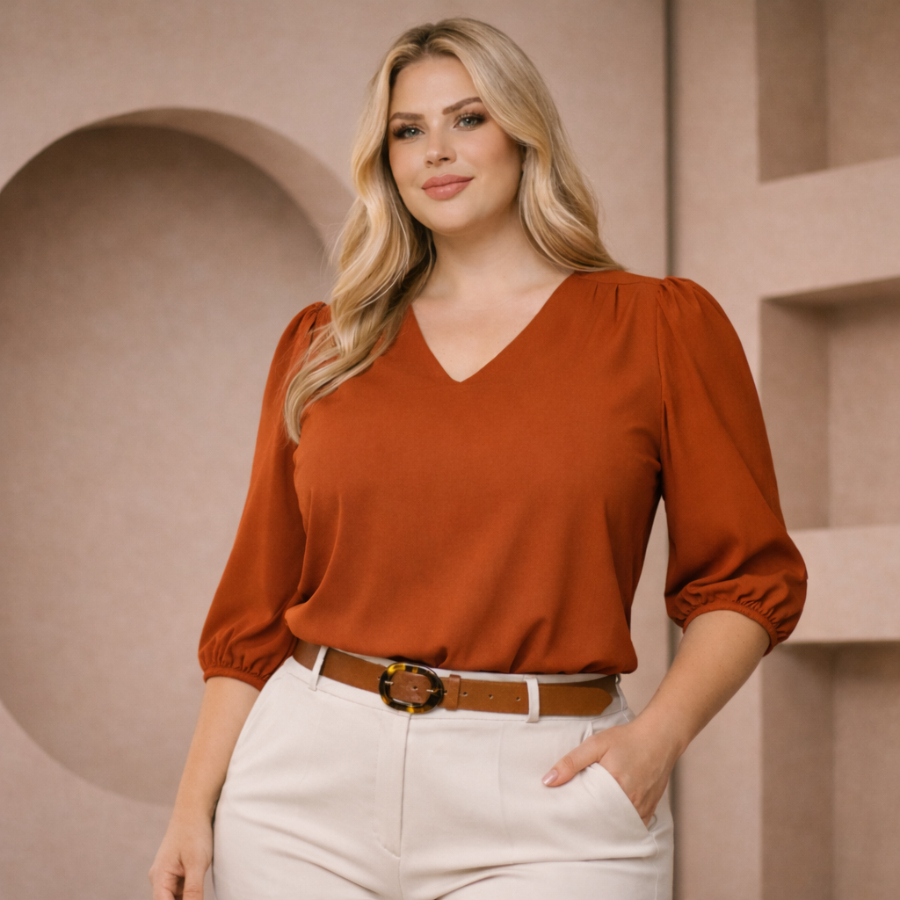 Blusa Feminina Plus Size Manga 3/4 Decote V Elegante Tecido Duna Não Amassa GG G1 G2 G3