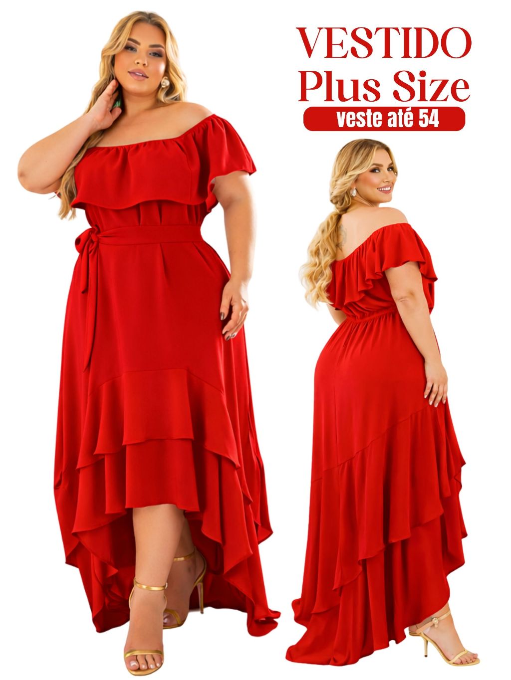 Vestido Plus Size Longo Vermelho Ciganinha Babado Elegante Festa Veste Até 54