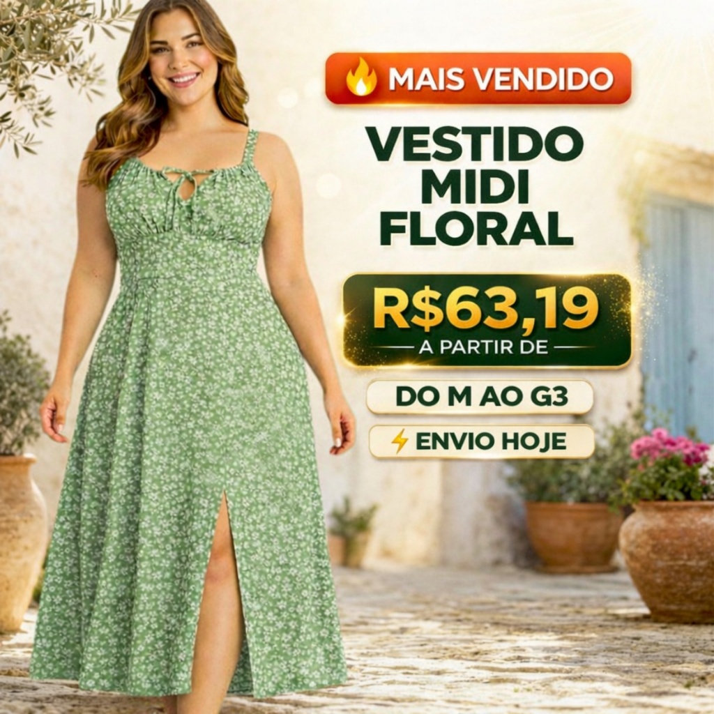 Vestido Midi Floral Verde Romântico Princesa Lastex Ajustável