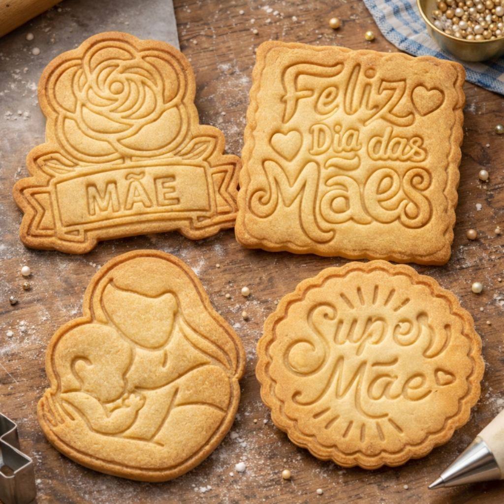 Kit 4 Cortadores de Biscoito Marcador Molde Feliz Dia das Mã