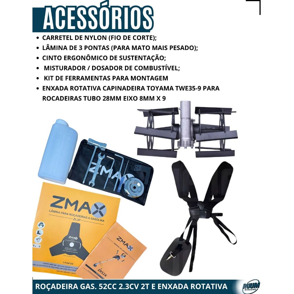 Kit Roçadeira Zmax ZR52X 52cc 2,1HP 6500 rpm + Enxada Rotativa