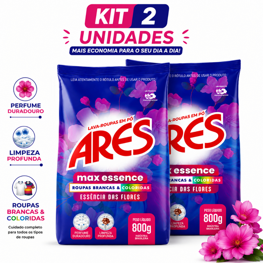Kit 2 Sabão em Pó Lava Roupas Profissional Max Essence ARES 800g