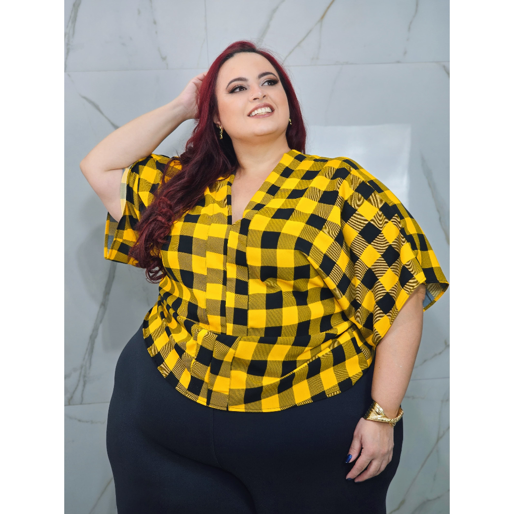BLUSA FEMININA PLUS SIZE XADREZ MANGA MORCEGO | Shopee Brasil
